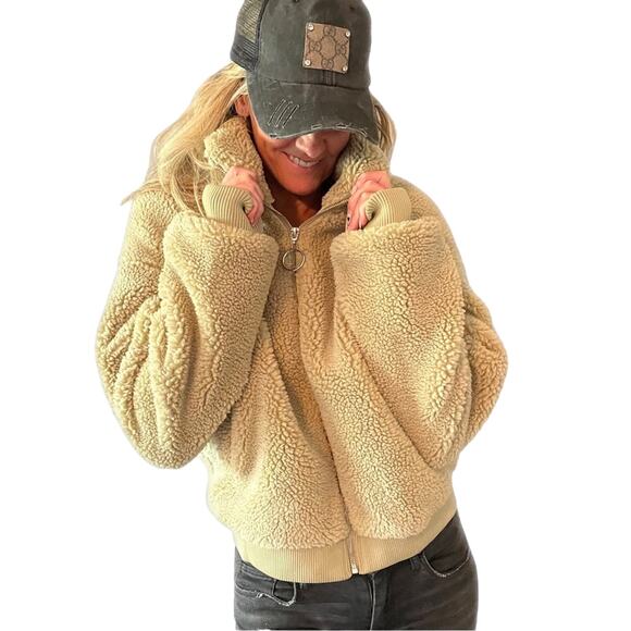 NWT - We Wore What Oatmeal Cropped Faux Shearling Bomber Jacket - Picture 3 of 8